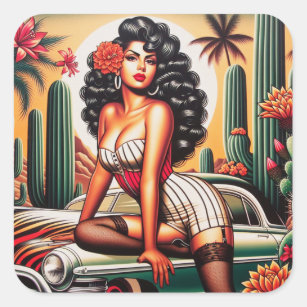 Vintage Hot Rod Latina Girl Square Sticker