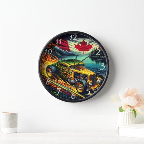 Vintage hot rod racing by a scenic Canadian lake Clock