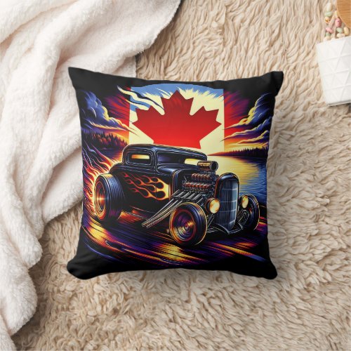 Vintage hot rod racing by a serene lake at sunset throw pillow