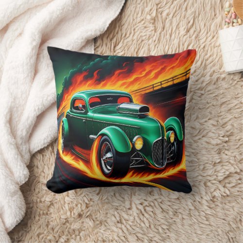 Vintage hot rod racing down a fiery highway throw pillow