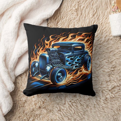 Vintage hot rod racing down a fiery track throw pillow