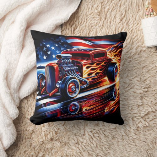 Vintage hot rod racing down a reflective highway throw pillow