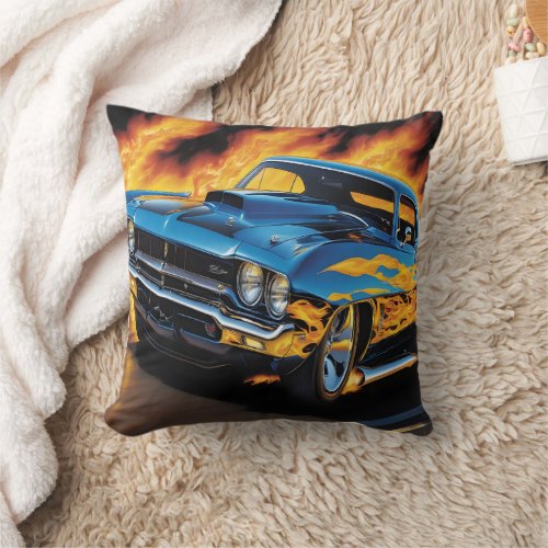 Vintage hot rod racing down the highway at sunset throw pillow