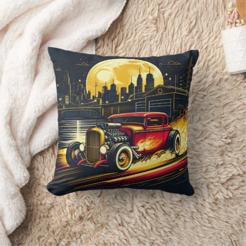 Vintage hot rod racing through a city at night throw pillow