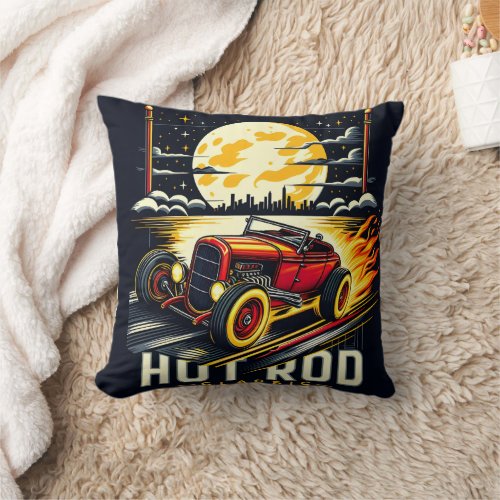 Vintage hot rod racing under a full moon at night throw pillow