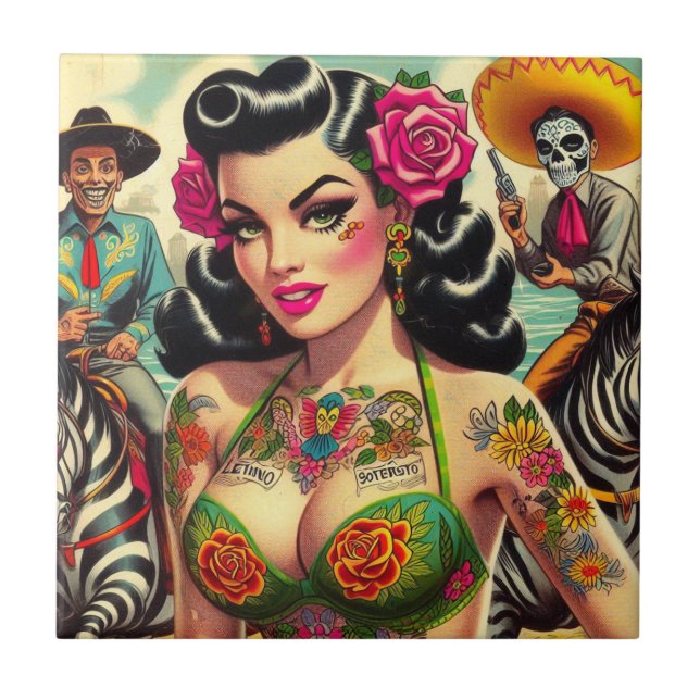 Vintage Hot Tattoo Girl Ceramic Tile (Front)