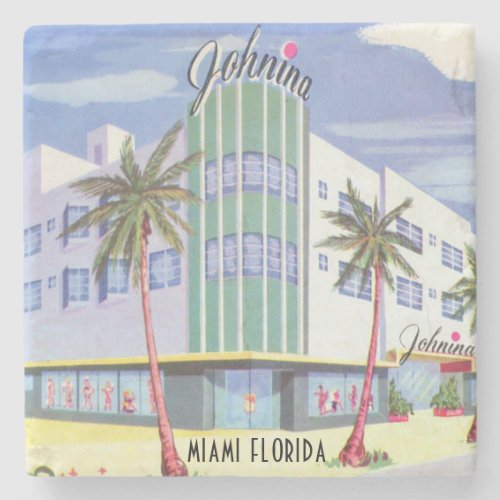 Vintage Hotel Miami Beach Florida Square Paper C Stone Coaster