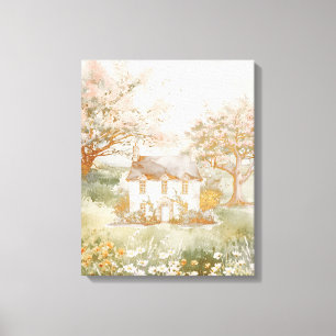 Vintage House in The Green Meadow Cottagecore Art Canvas Print