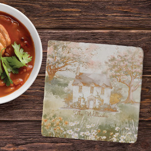 Vintage House in The Green Meadow Cottagecore Art Trivet