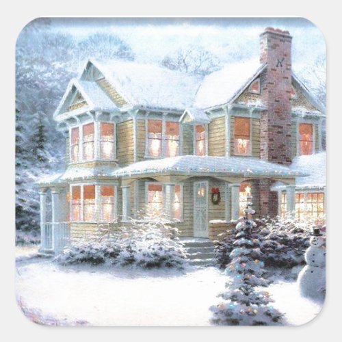 Vintage House In Winter Square Sticker