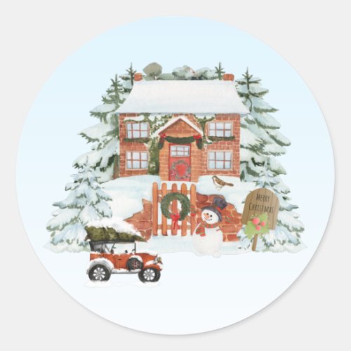 Vintage House Merry Christmas Snow Winter Scene Classic Round Sticker
