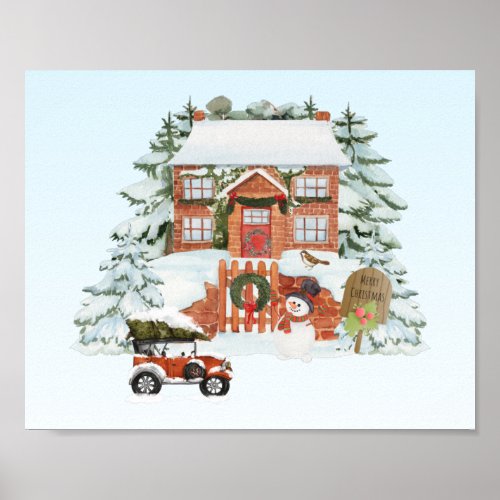 Vintage House Merry Christmas Snow Winter Scene  Poster