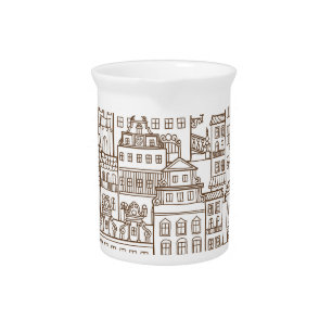 Vintage Houses: Architectural Seamless Pattern. Beverage Pitcher