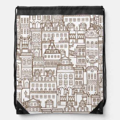 Vintage Houses Architectural Seamless Pattern Drawstring Bag