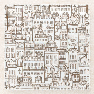 Vintage Houses: Architectural Seamless Pattern. Glass Coaster