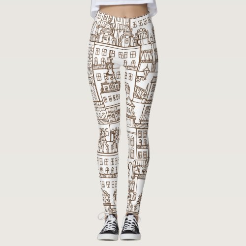 Vintage Houses Architectural Seamless Pattern Leggings