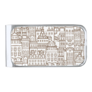 Vintage Houses: Architectural Seamless Pattern. Silver Finish Money Clip