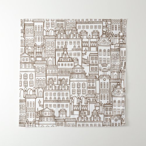 Vintage Houses Architectural Seamless Pattern Tapestry