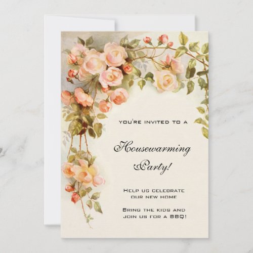 Vintage Housewarming Antique Pink Rose Flowers Invitation