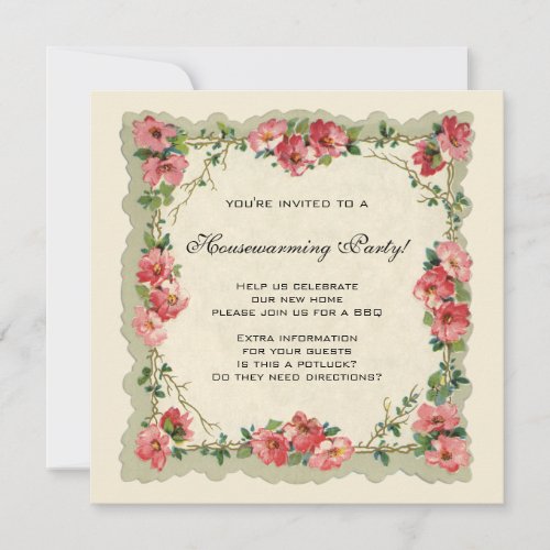 Vintage Housewarming Antique Roses Flowers Floral Invitation