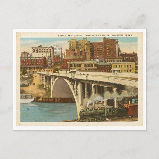 Vintage Houston Texas Main St Viaduct Channel Postcard (Front)