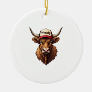 Vintage Howdy Highland Cow Western Trucker Hat Sty Ceramic Ornament