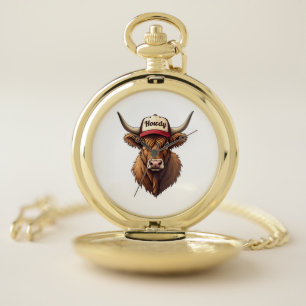 Vintage Howdy Highland Cow Western Trucker Hat Sty Pocket Watch