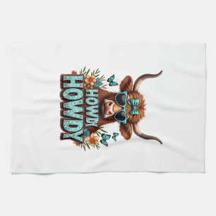 Vintage Howdy Highland Cow with Heart Sunglasses W Kitchen Towel