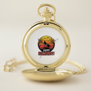 Vintage Howling Wolf Happy Halloween Vector Design Pocket Watch