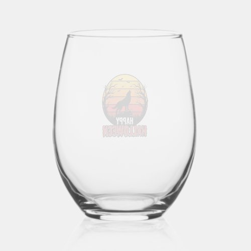 Vintage Howling Wolf Happy Halloween Vector Design Stemless Wine Glass