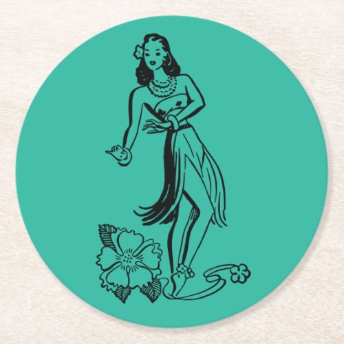 Vintage Hula Dancer Drawing Tiki Bar or Luau Round Paper Coaster