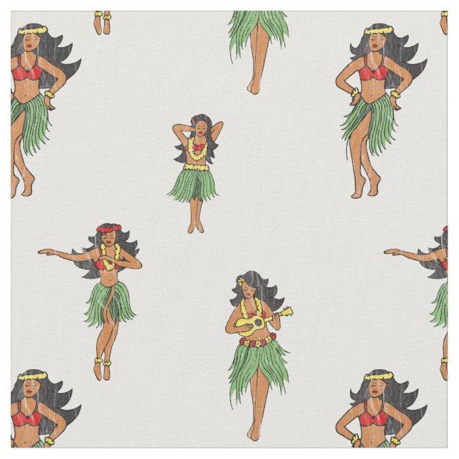 Vintage Hula Dancing Girls Hawaiian Patterned Fabric (Close Up)