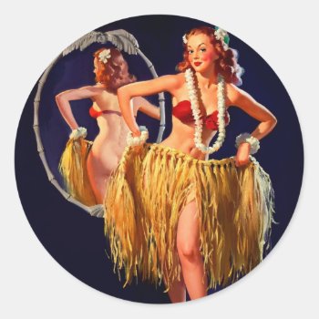 Vintage Hula Hawaiian Pin Up Girl Classic Round Sticker by Biblioartgifts at Zazzle