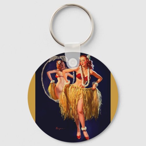 Vintage Hula Hawaiian Pin UP Girl Keychain