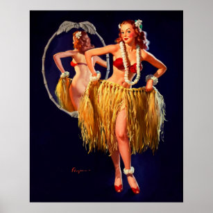 Vintage Hula Hawaiian Pin UP Girl Poster