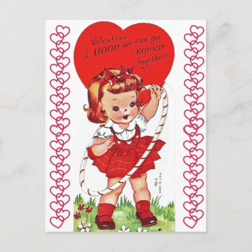 Vintage Hula Hoop Girl Valentine Postcard