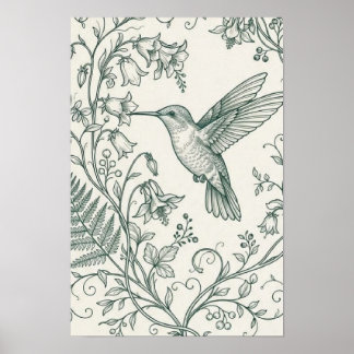 Vintage Hummingbird and Botanical Fern Fine Line A Poster