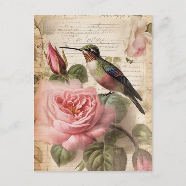 Vintage Hummingbird and Pink Roses Decoupage Postcard (Front)
