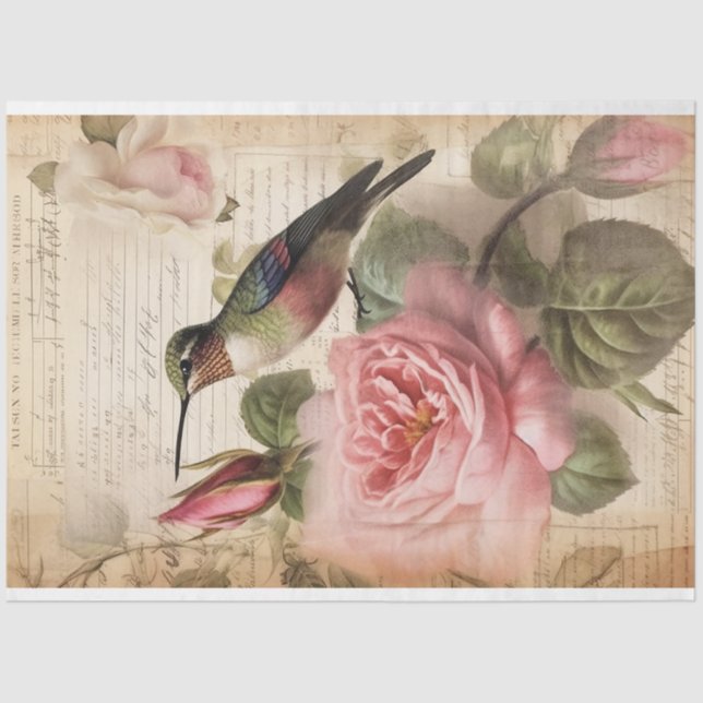 Vintage Hummingbird and Pink Roses Decoupage Tissue Paper (Front)