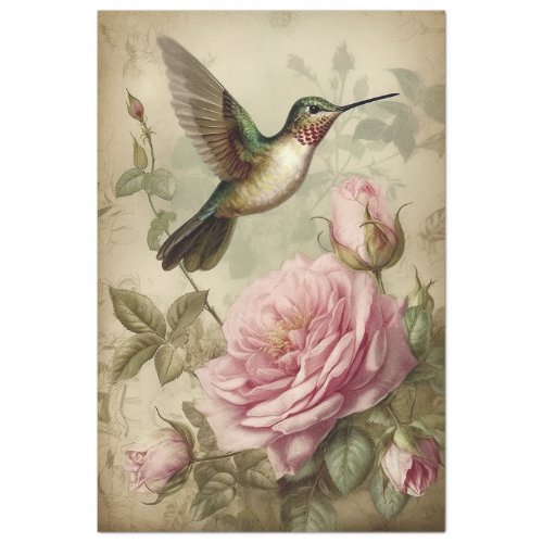 Vintage Hummingbird and Pink Roses Decoupage Tissue Paper
