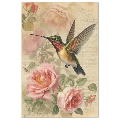 Vintage Hummingbird and Pink Roses Decoupage Tissue Paper