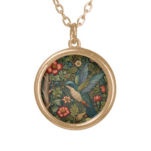 Vintage hummingbird art painting gold plated necklace