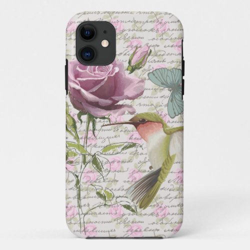 Vintage Hummingbird Butterfly and Rose iPhone 11 Case