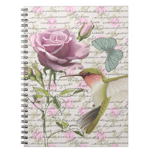 Vintage Hummingbird Butterfly and Rose Notebook