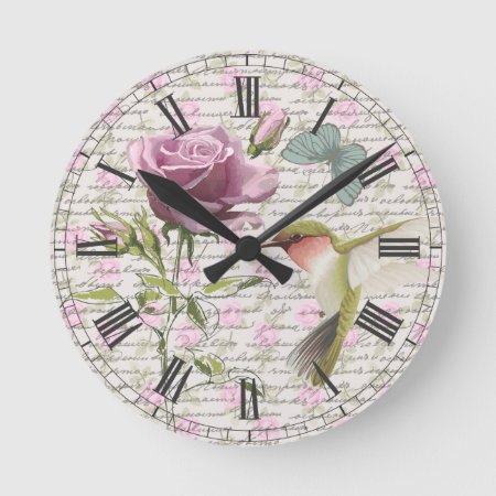 Vintage Hummingbird Butterfly And Rose Round Clock