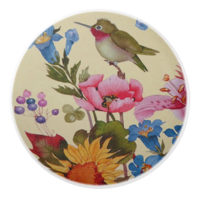Vintage Hummingbird Friends Wild Flowers Ceramic Knob (Front)