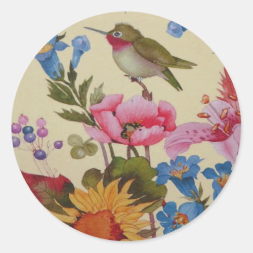 Vintage Hummingbird Friends Wild Flowers Classic Round Sticker