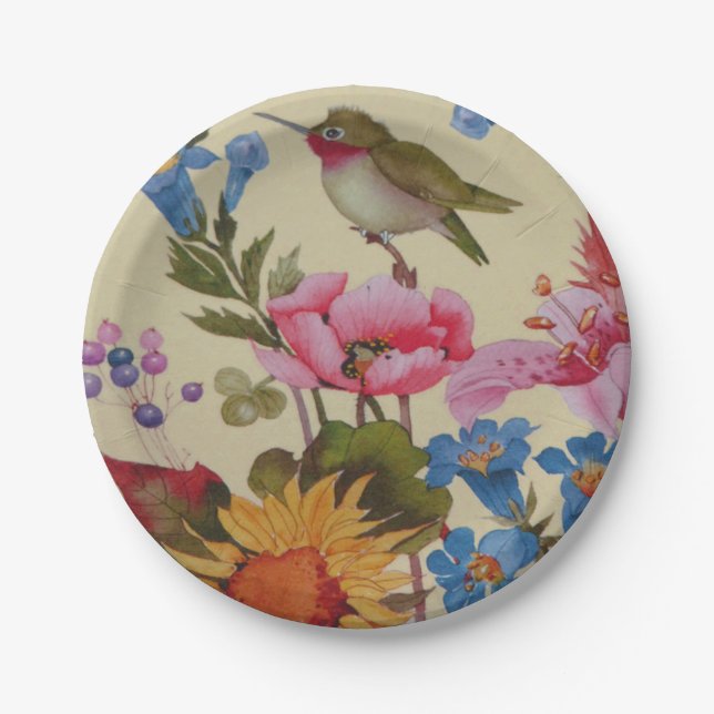 Vintage Hummingbird Friends Wild Flowers Paper Plates (Front)