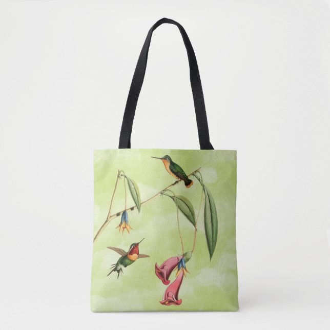 Vintage Hummingbird Illustration on Green Tote Bag (Front)