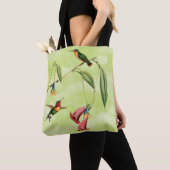 Vintage Hummingbird Illustration on Green Tote Bag (Close Up)